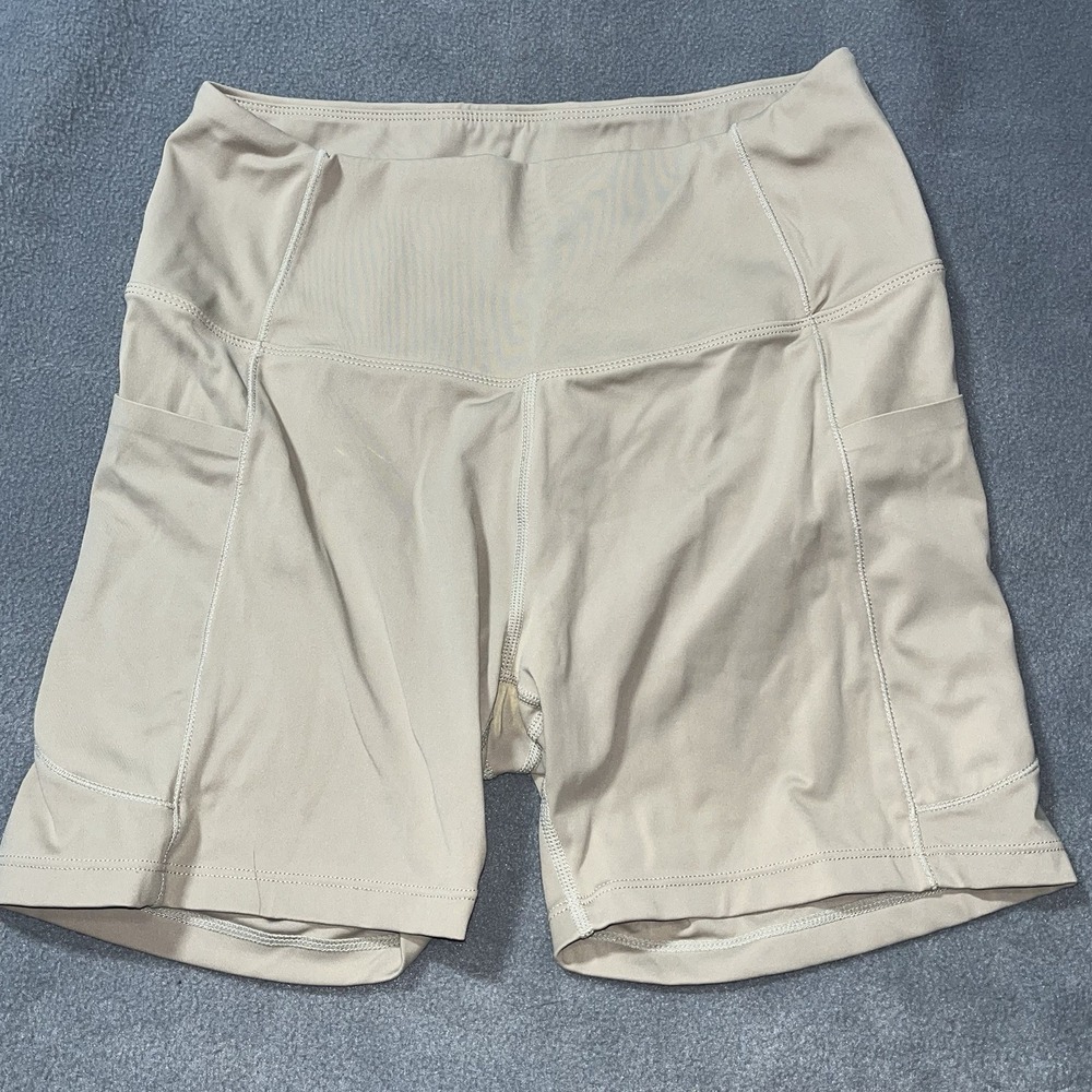 Oalka Women's Shorts Side Pockets High Waist Workout Running Yoga Nude Tan Small